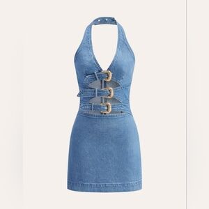 Commense Blue Backless Denim Dress with Buckle Accents